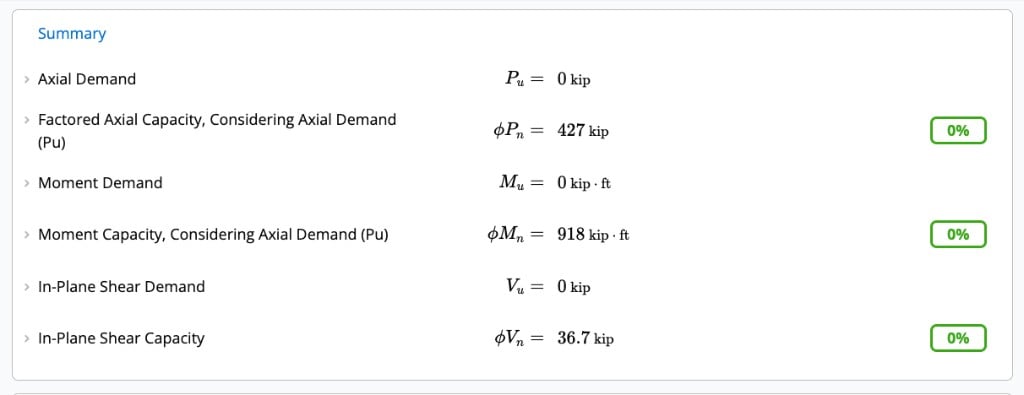 Summary panel for a solid wall showing axial, moment, and in-plane shear demands with design capacities