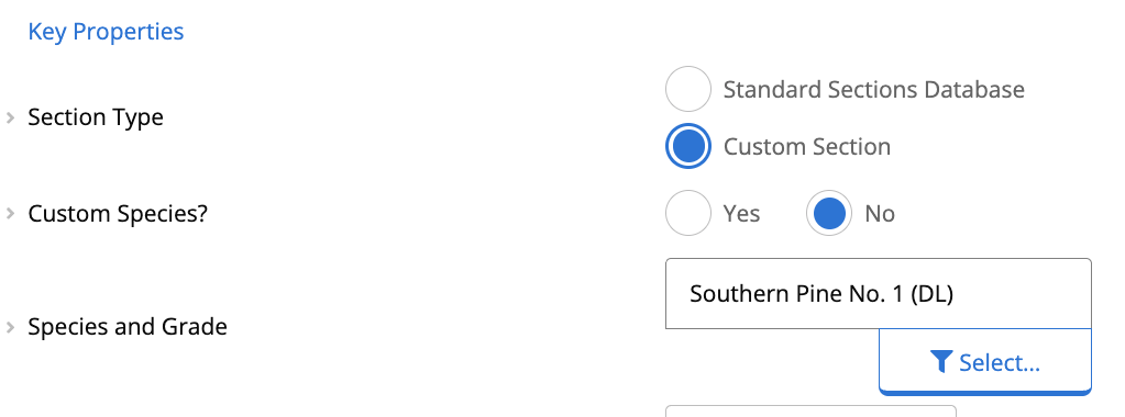 Wood Beam Key Properties with Custom Section selected, Custom Species set to No, and Species and Grade picker showing Southern Pine No. 1 (DL)