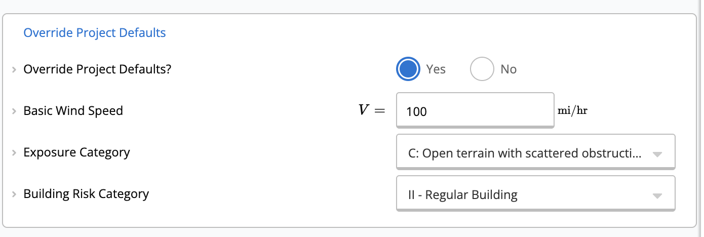 Wind Loads Project Defaults Override