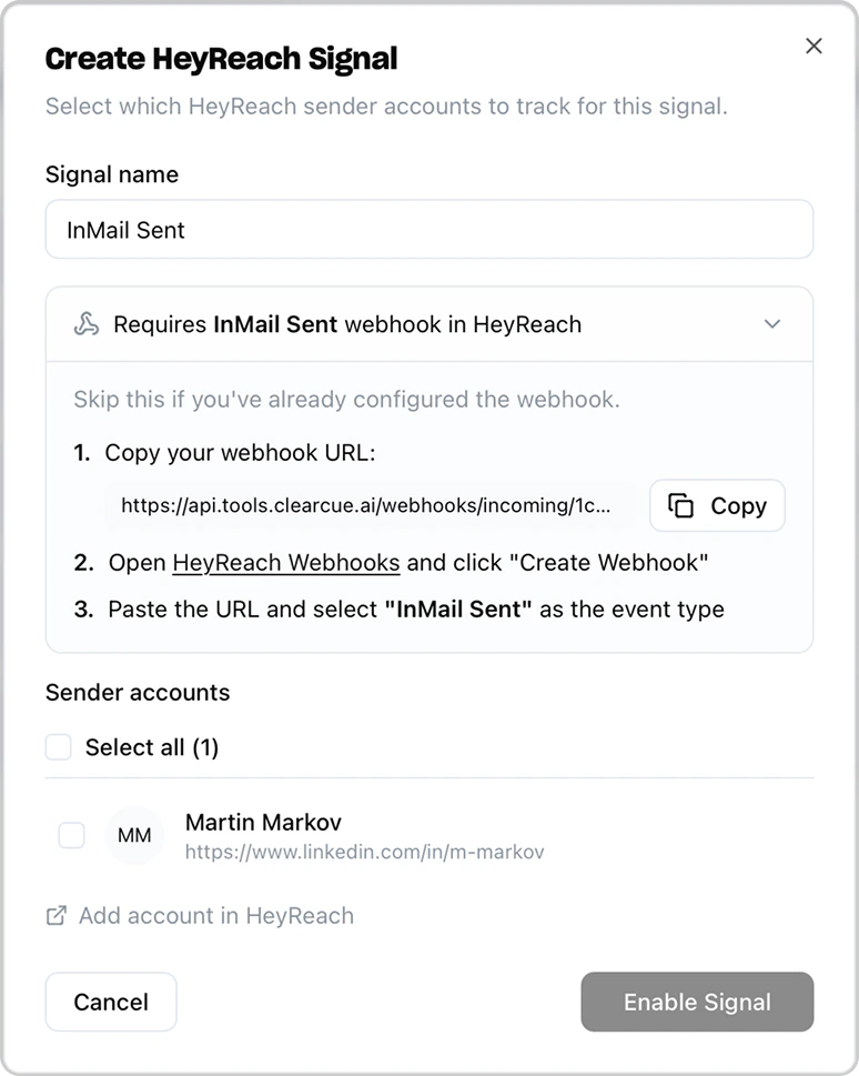 HeyReach signal configuration modal