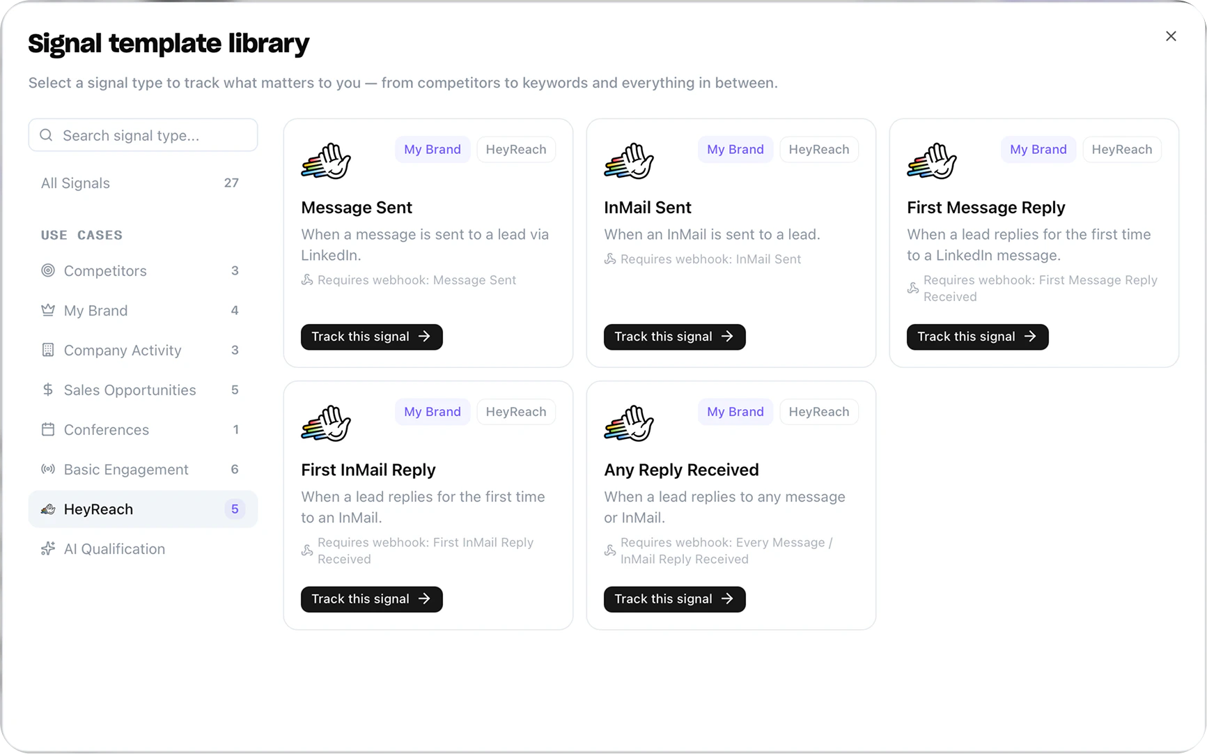 Signal template library with HeyReach category