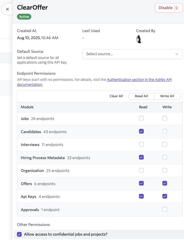 Ashby API Key Settings