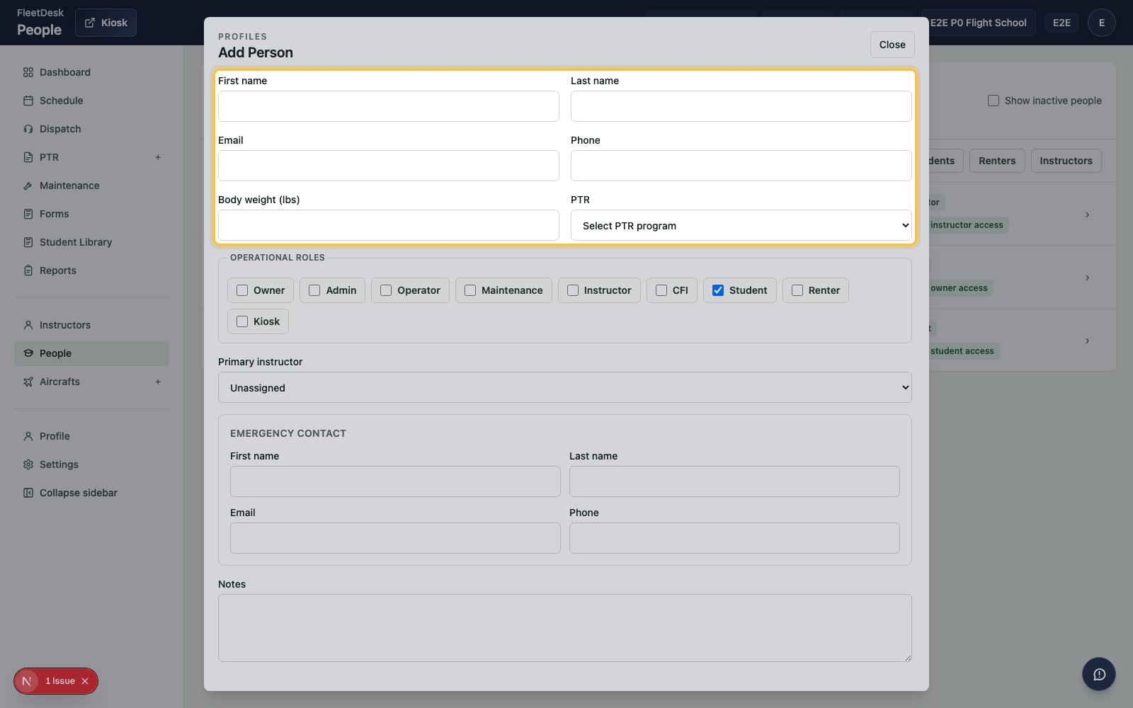 Add Person form with instructor details fields highlighted