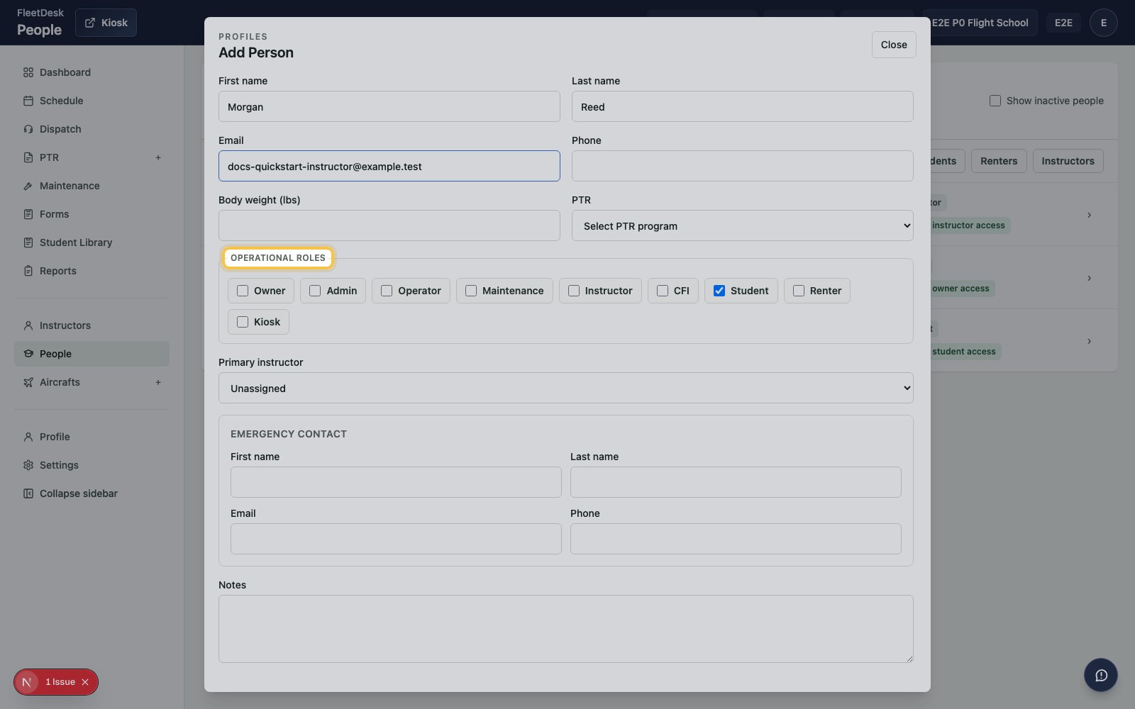 Add Person form with Instructor role highlighted