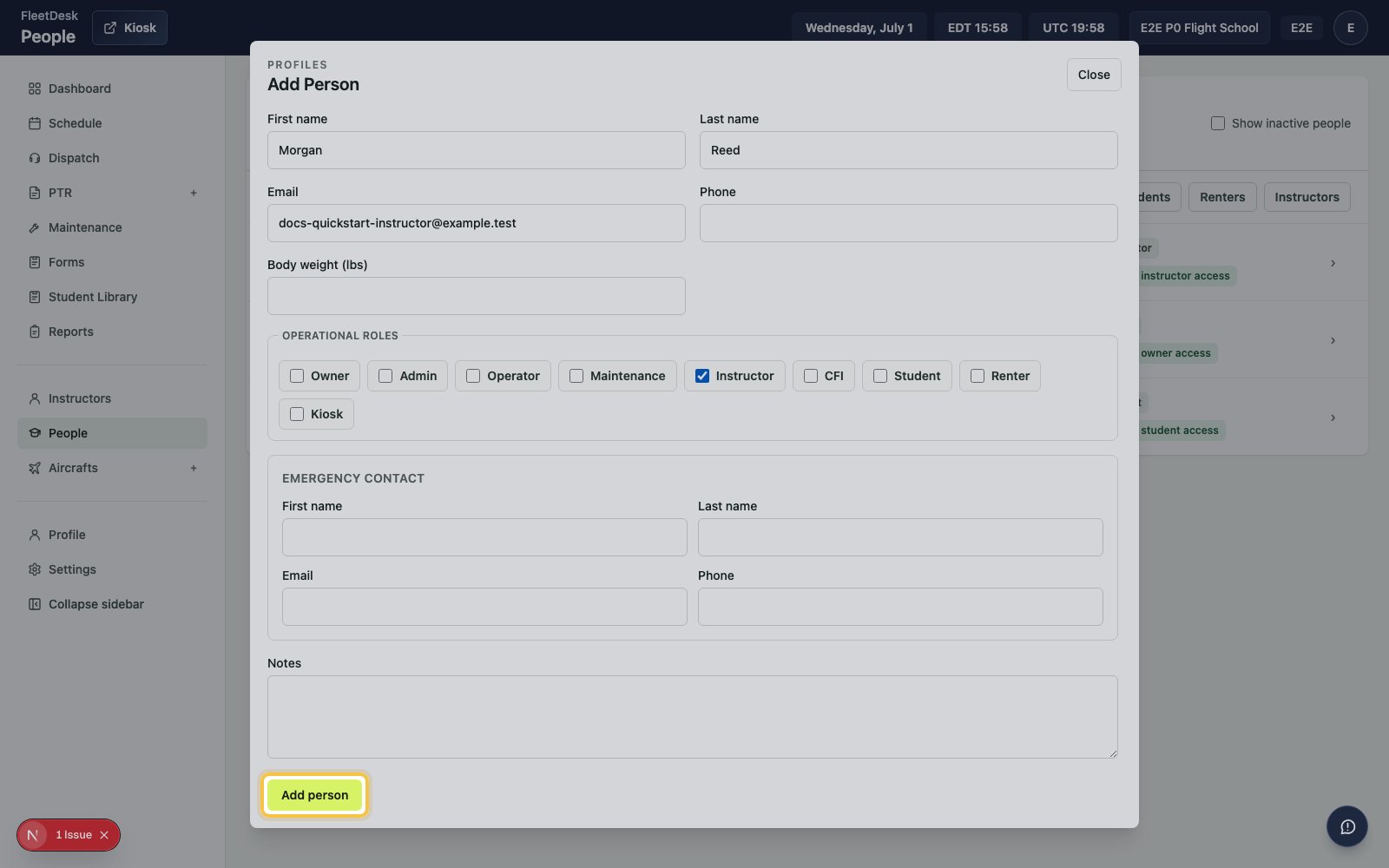 Add Person form with the Add person submit button highlighted