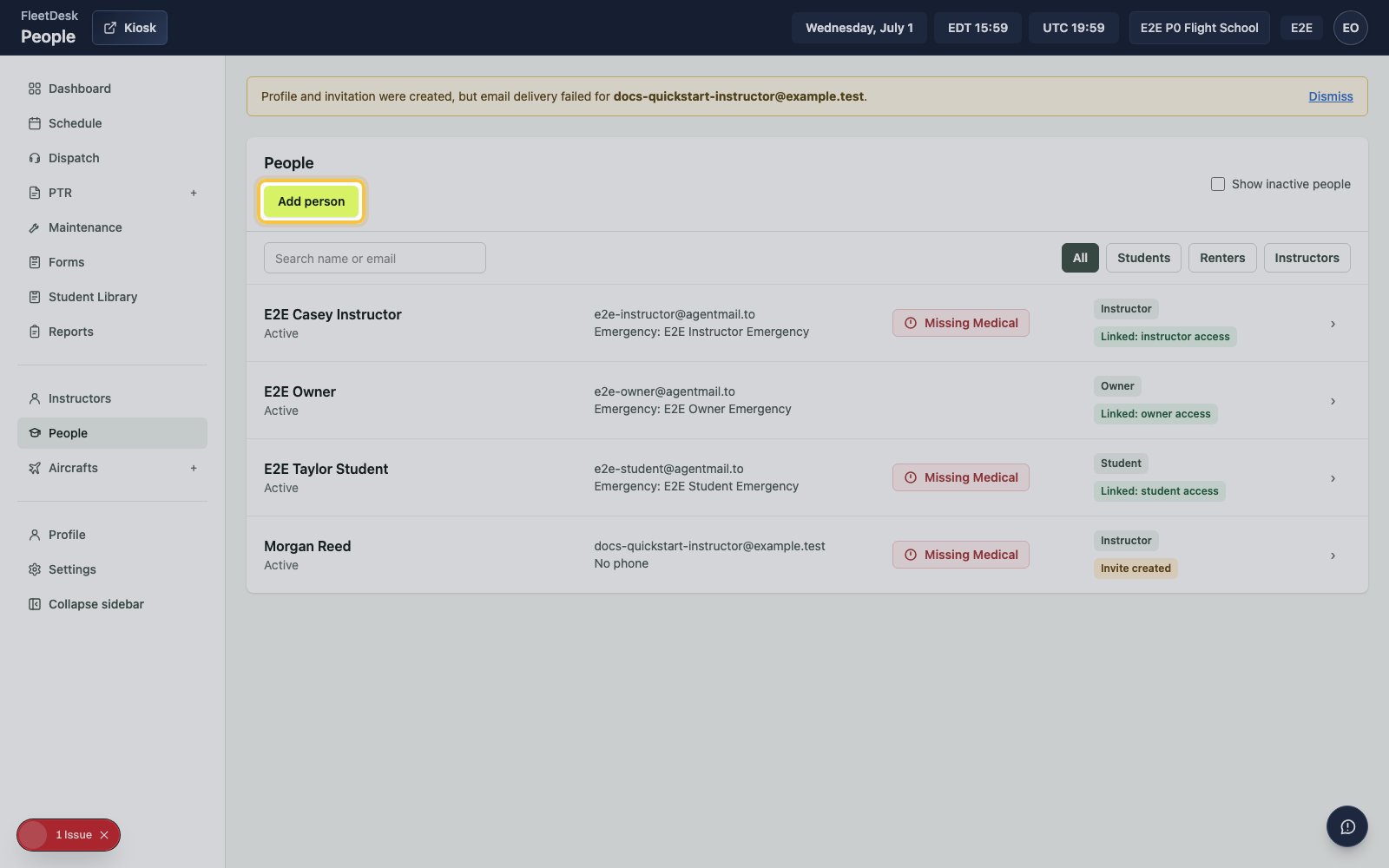 People page with Add person highlighted for the student record