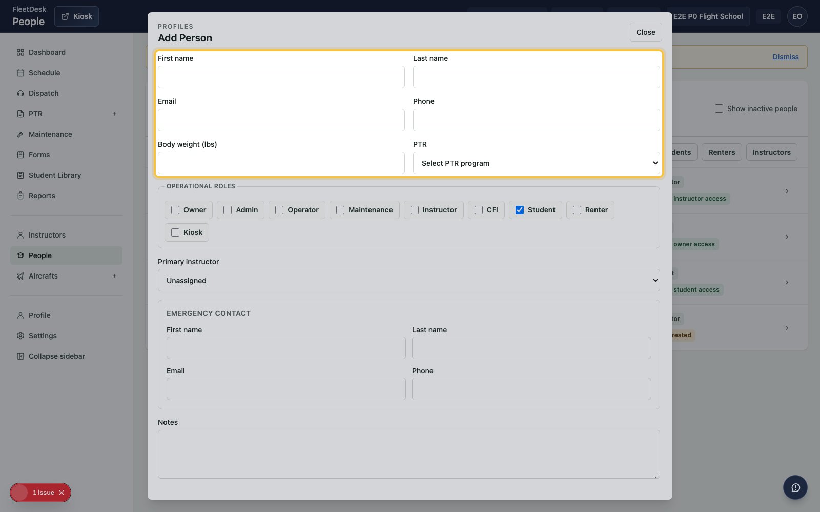 Add Person form with student details fields highlighted