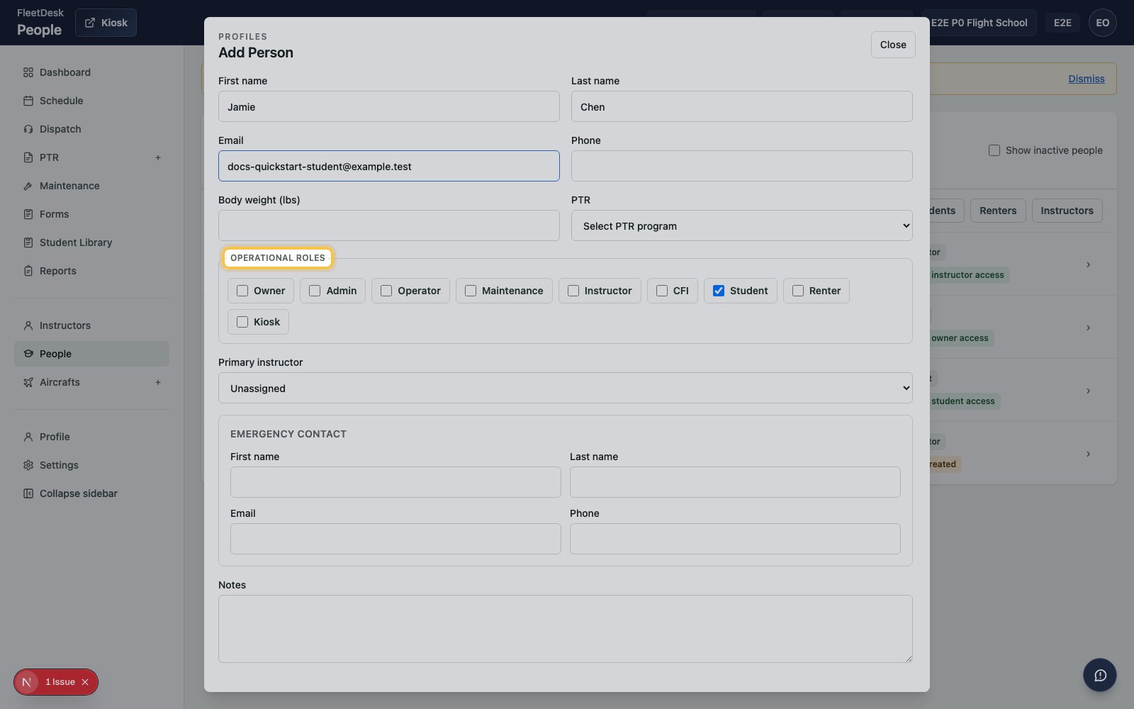 Add Person form with Student role highlighted
