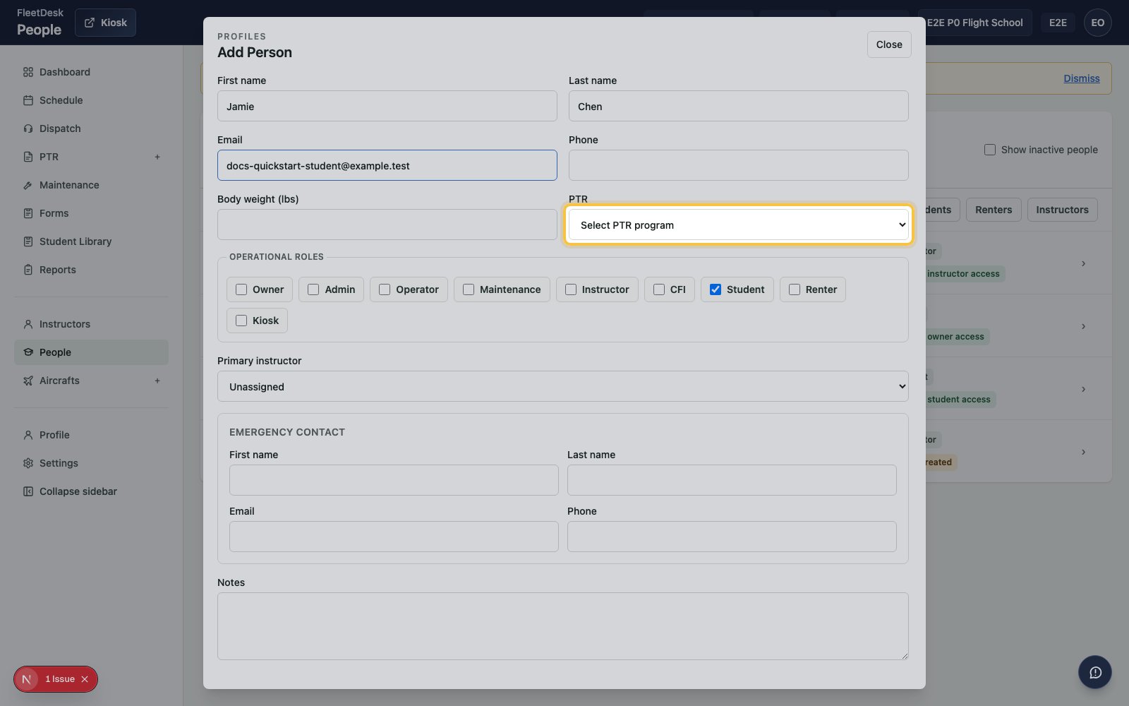 Add Person form with the Private Pilot Licence PTR field highlighted