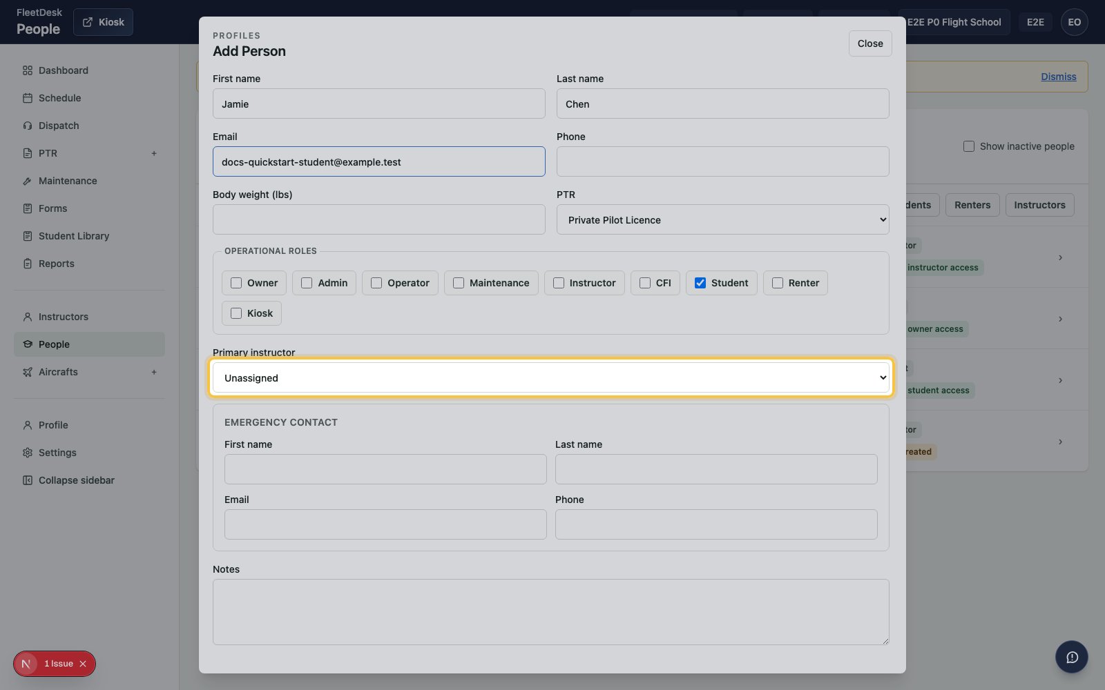 Add Person form with the Primary instructor field highlighted