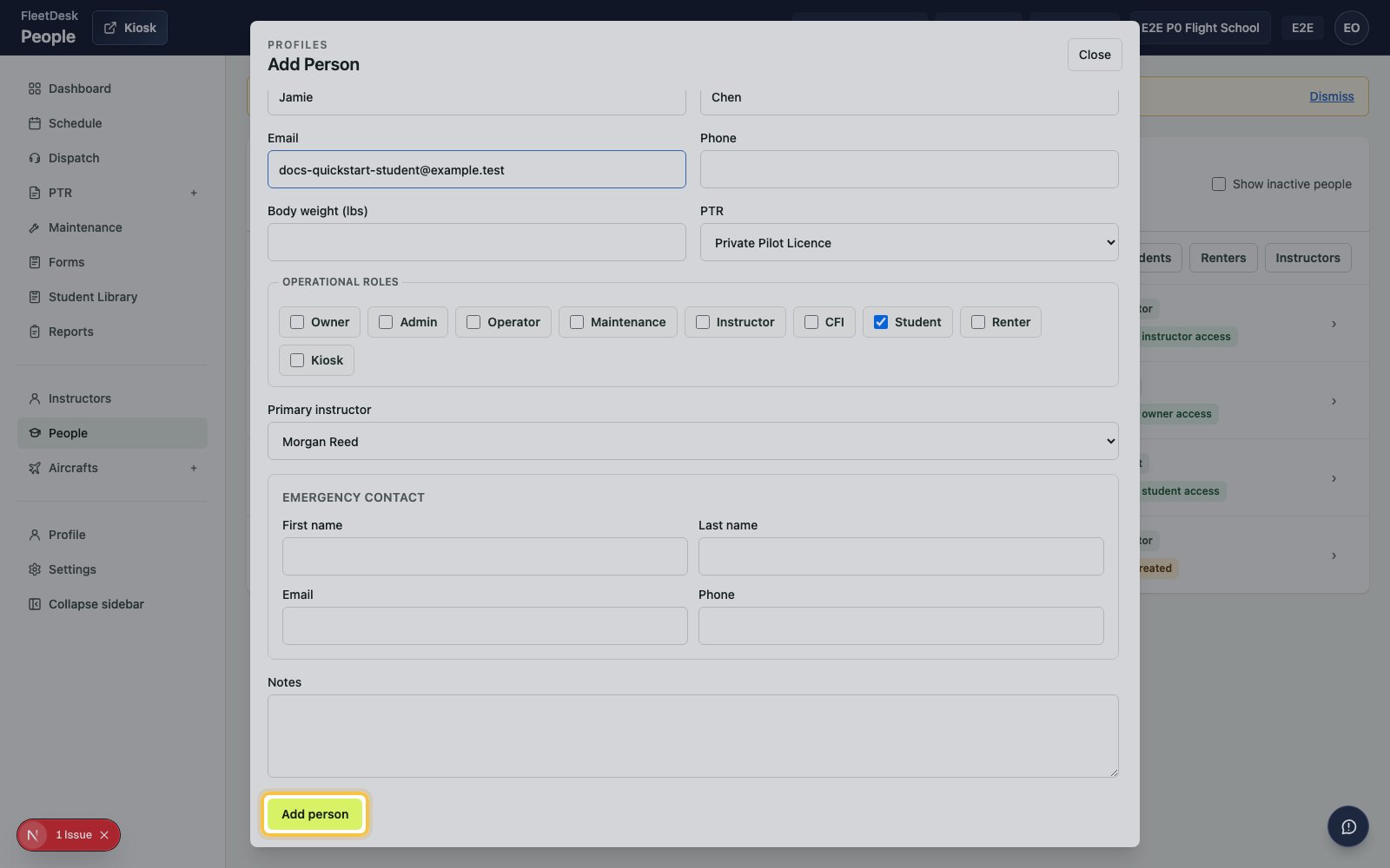 Add Person form with the Add person submit button highlighted for the student