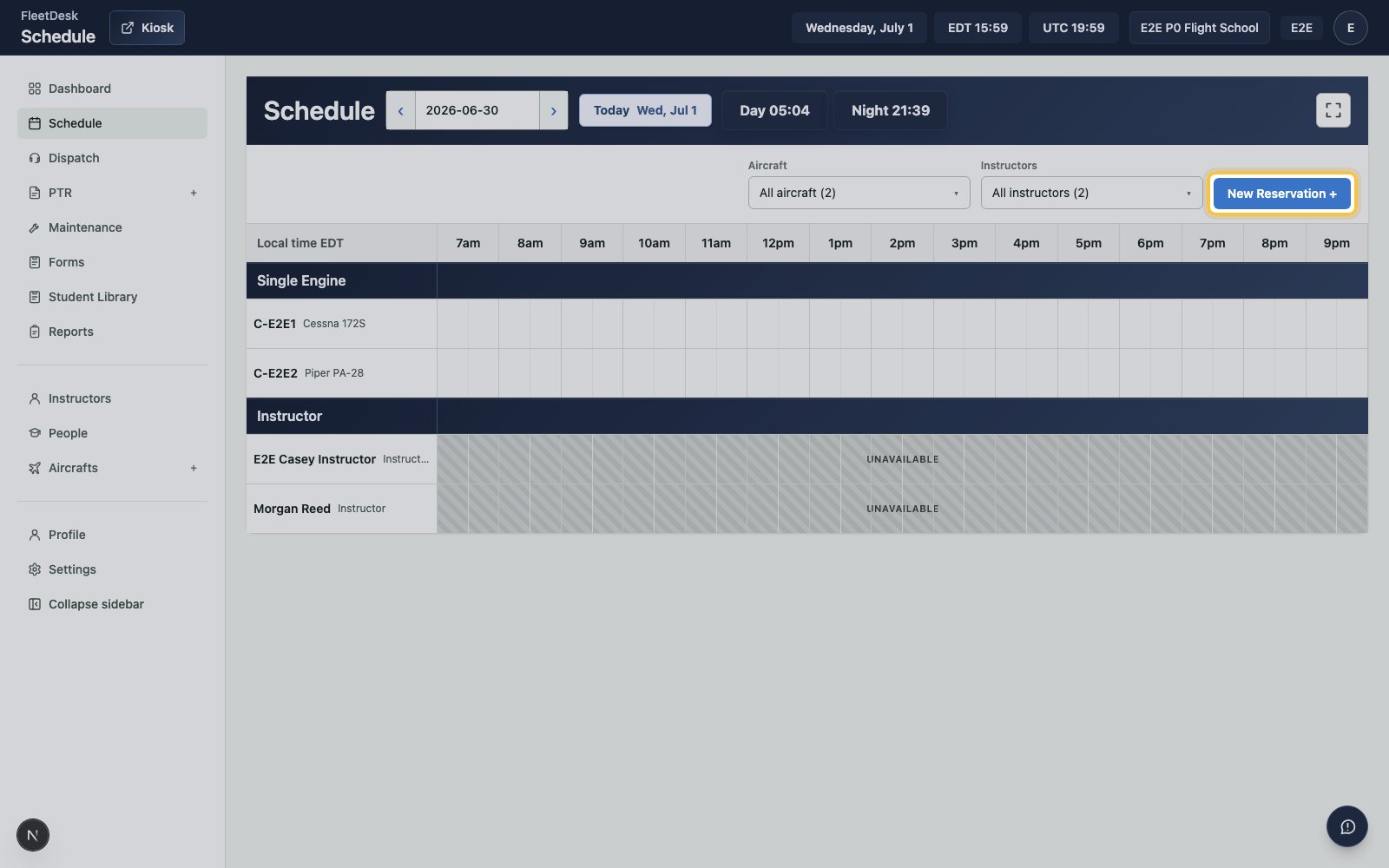 Schedule page with New reservation highlighted