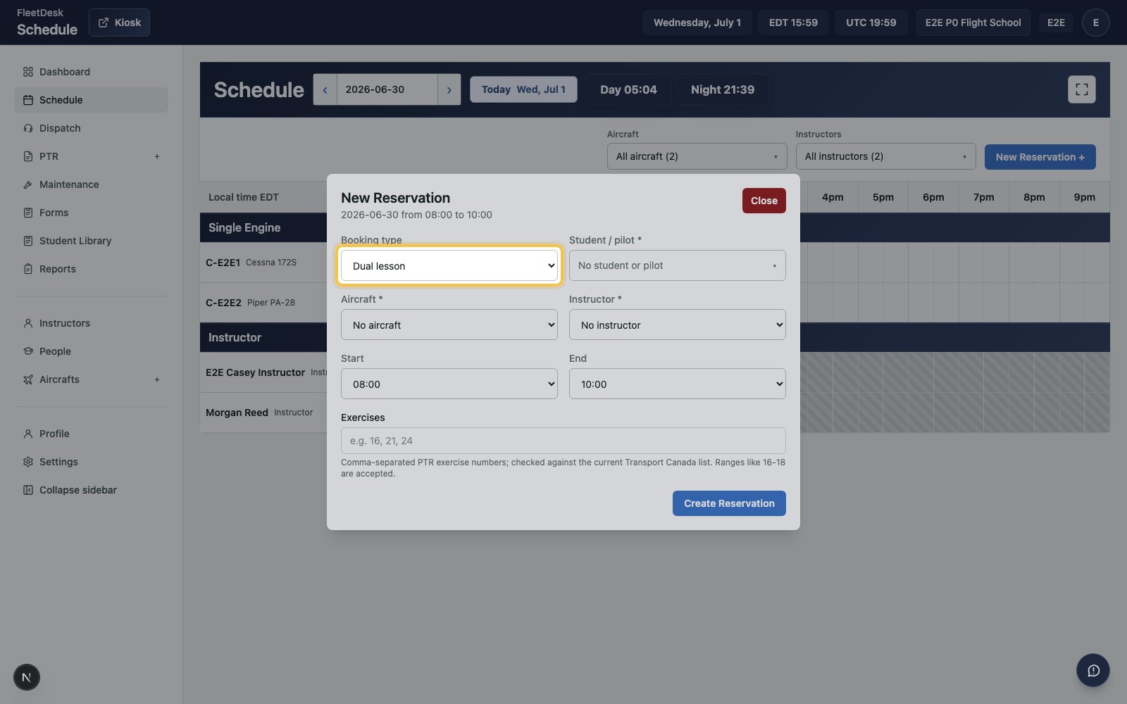 New Reservation form with Booking type highlighted