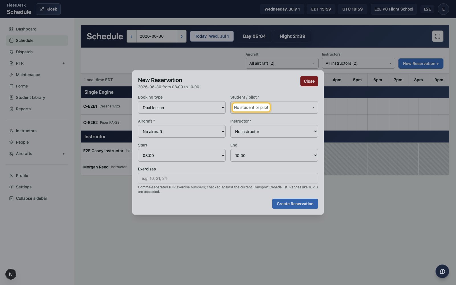 New Reservation form with the student selector highlighted