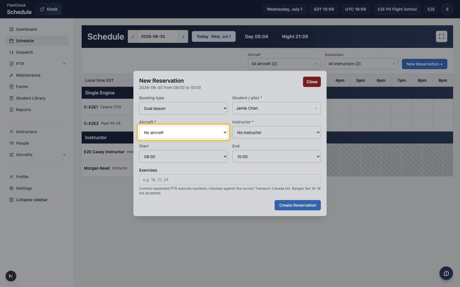 New Reservation form with aircraft and instructor fields highlighted
