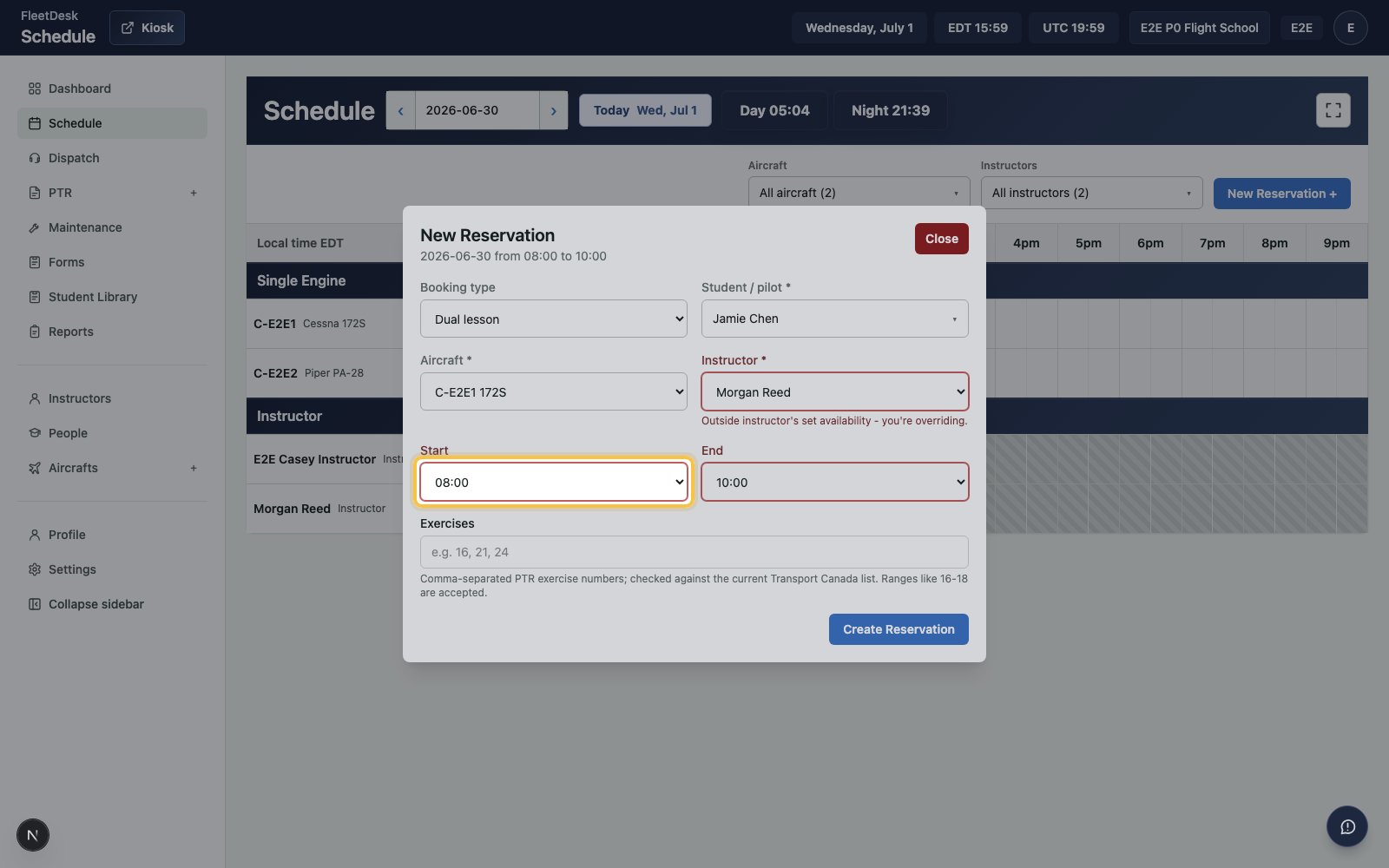 New Reservation form with lesson time fields highlighted