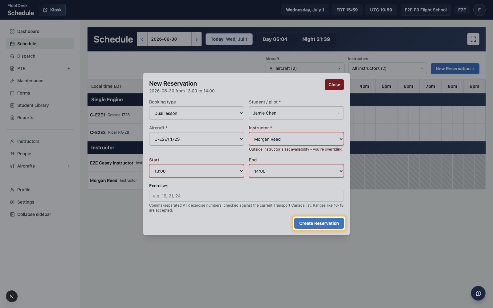 New Reservation form with Create Reservation highlighted
