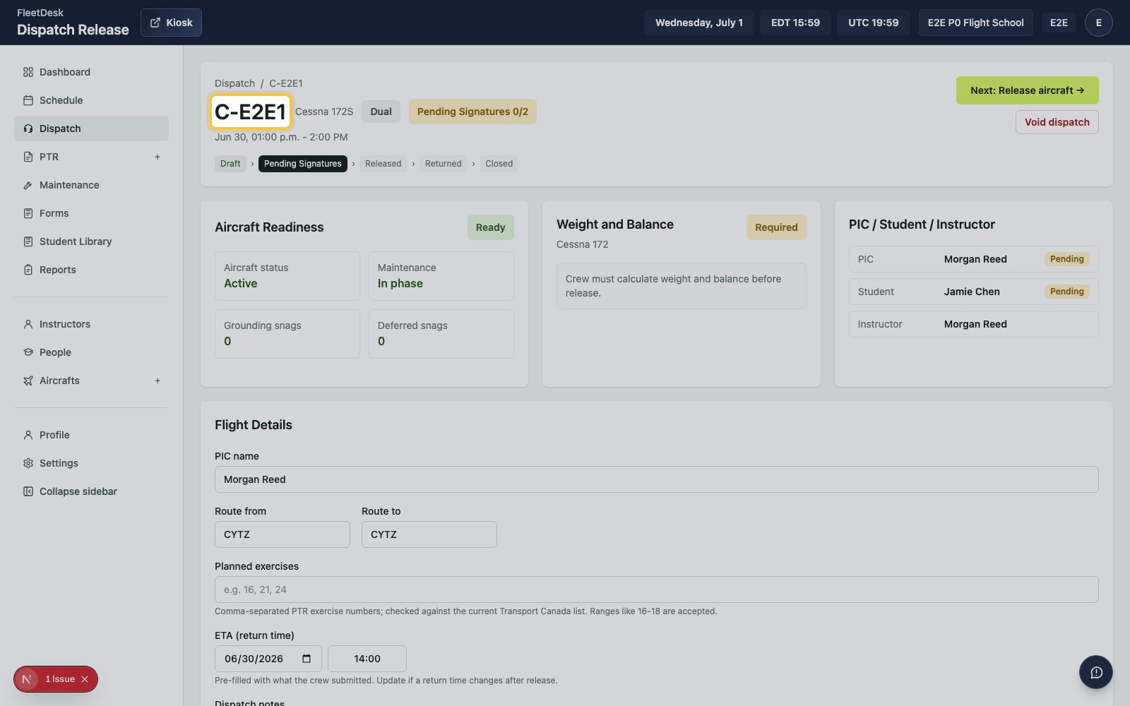 Dispatch release page with the next action highlighted