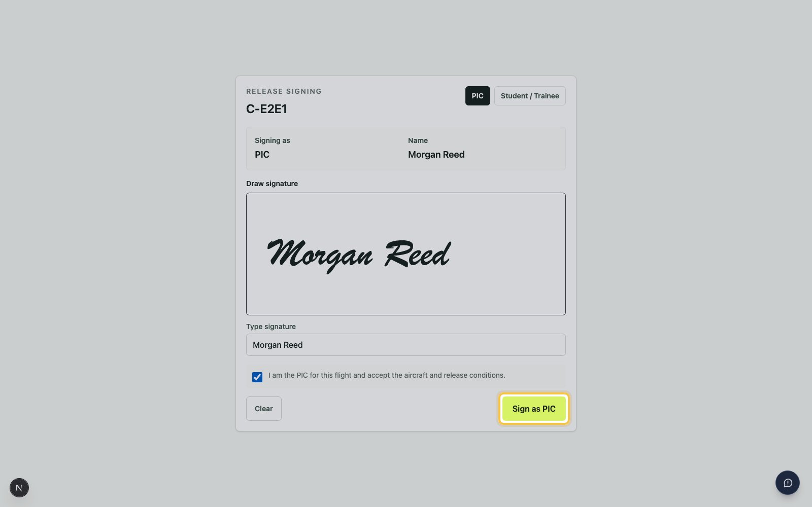 Release signing page with Sign as PIC highlighted