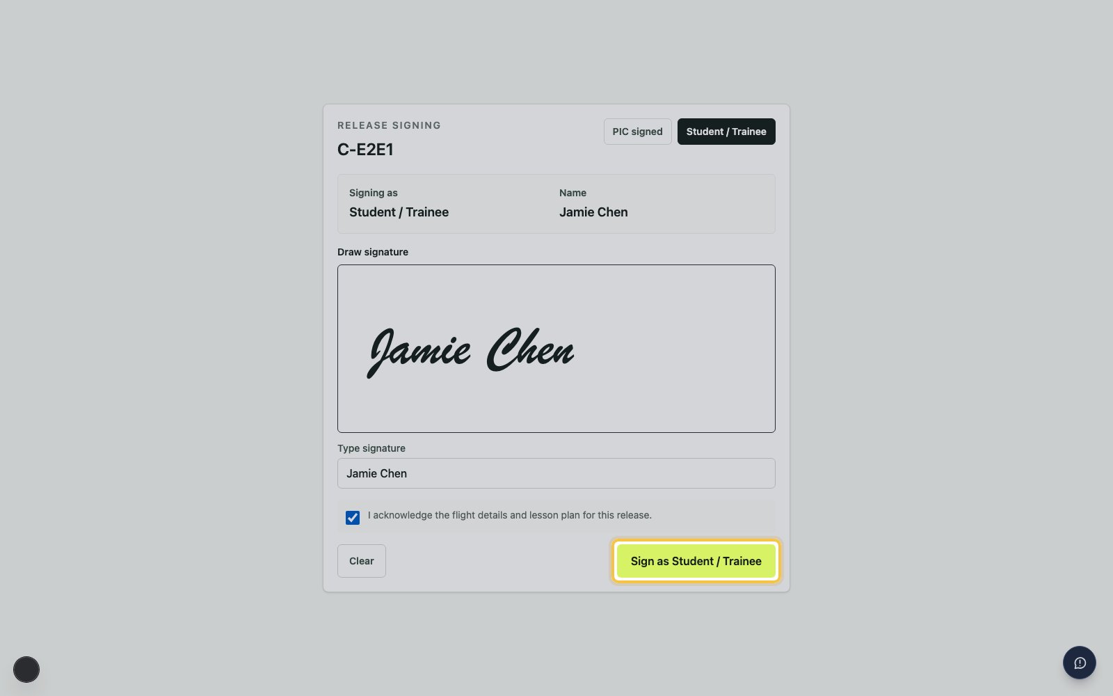 Release signing page with Sign as Student or Trainee highlighted