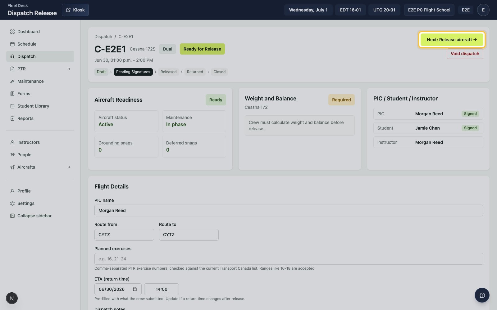 Dispatch release page with Next Release aircraft highlighted