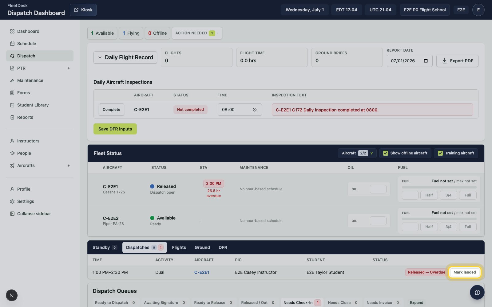 Dispatches queue with Mark landed highlighted