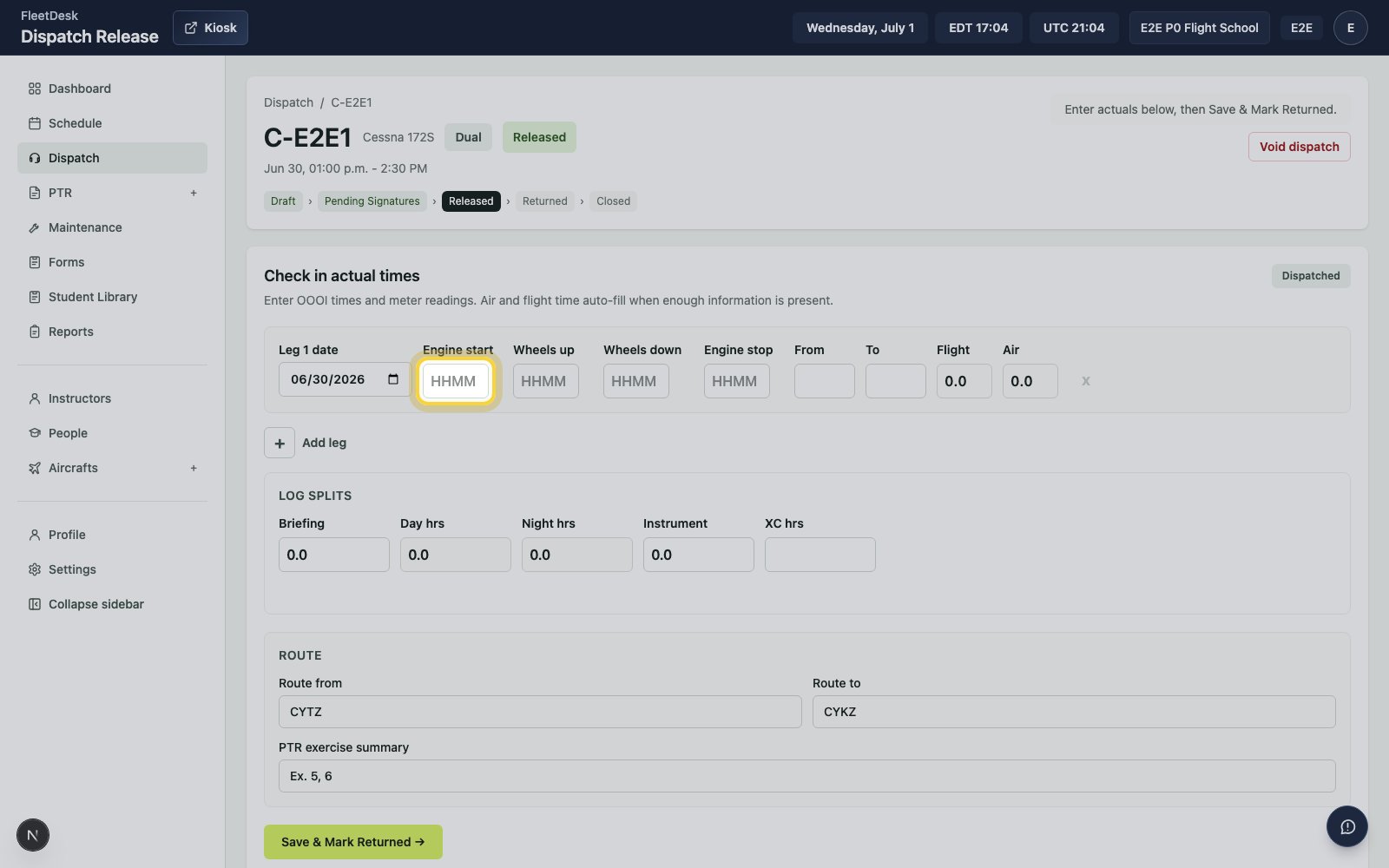 Dispatch release actuals form with Engine start highlighted