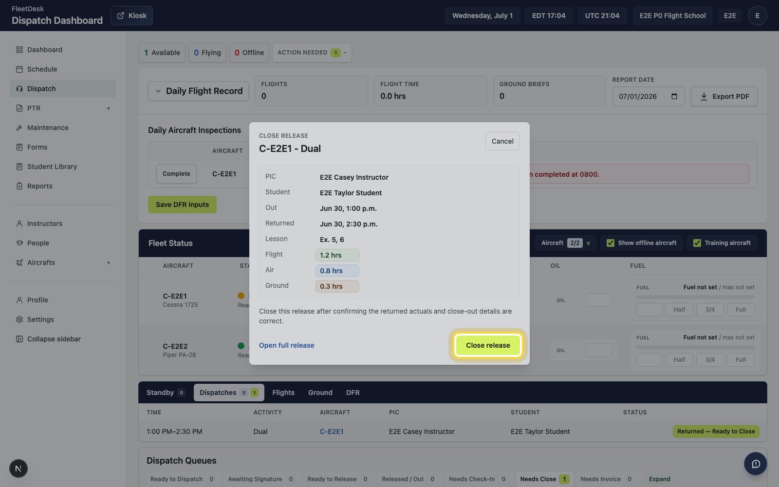Close release dialog with Close release highlighted