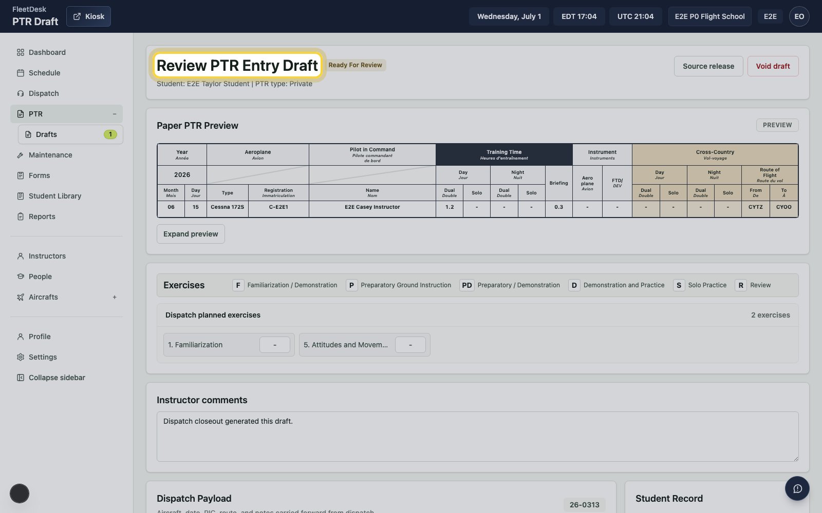 PTR draft review page with the review heading highlighted