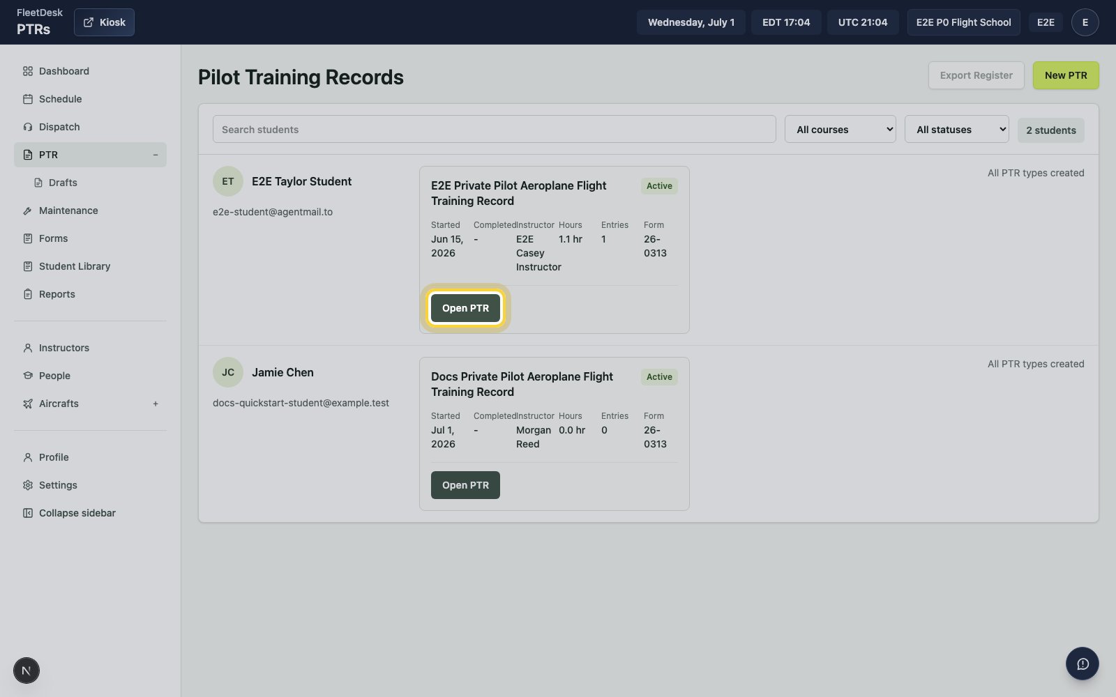 PTR records page with Open PTR highlighted