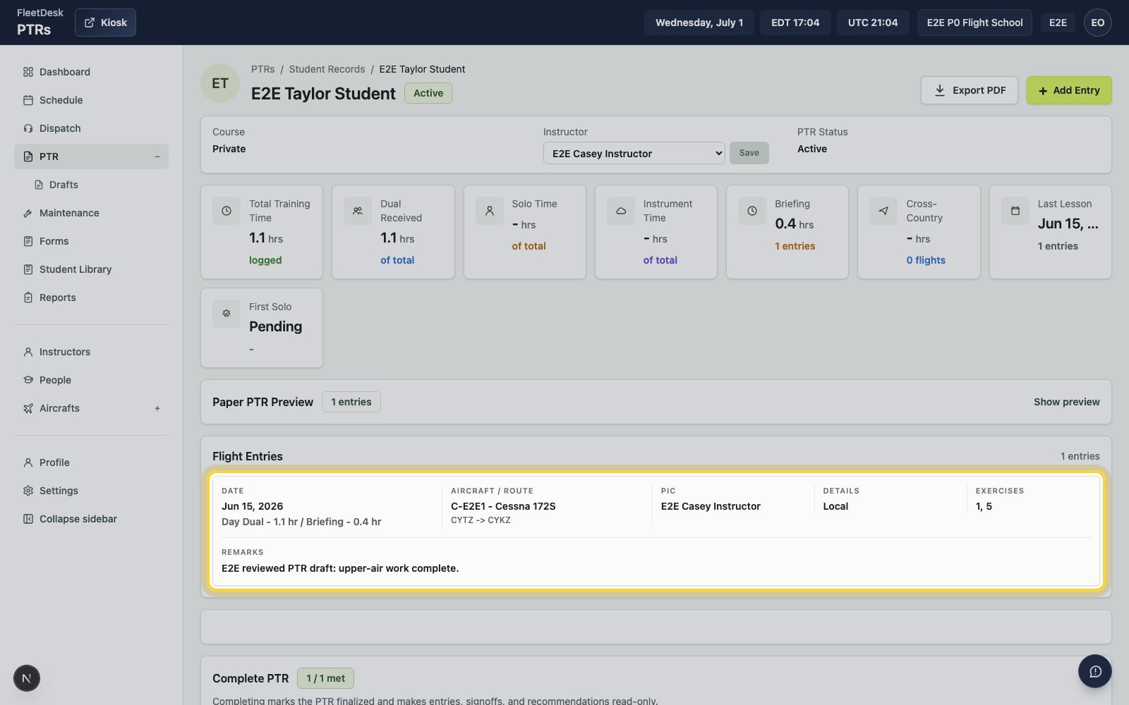 Student PTR page with the posted flight entry highlighted