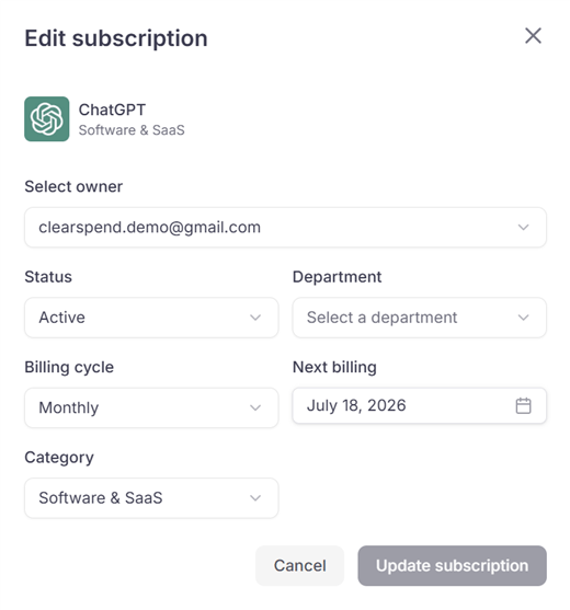 Edit subscription modal showing category field