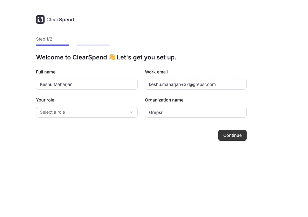 Onboarding Step 1 — profile and organization setup