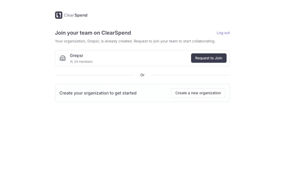 Request to join screen showing the existing organization and two options