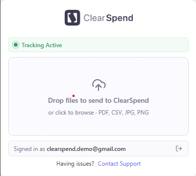 ClearSpend extension popup with drag-and-drop upload area