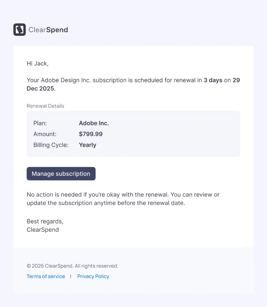 Upcoming renewal notification email