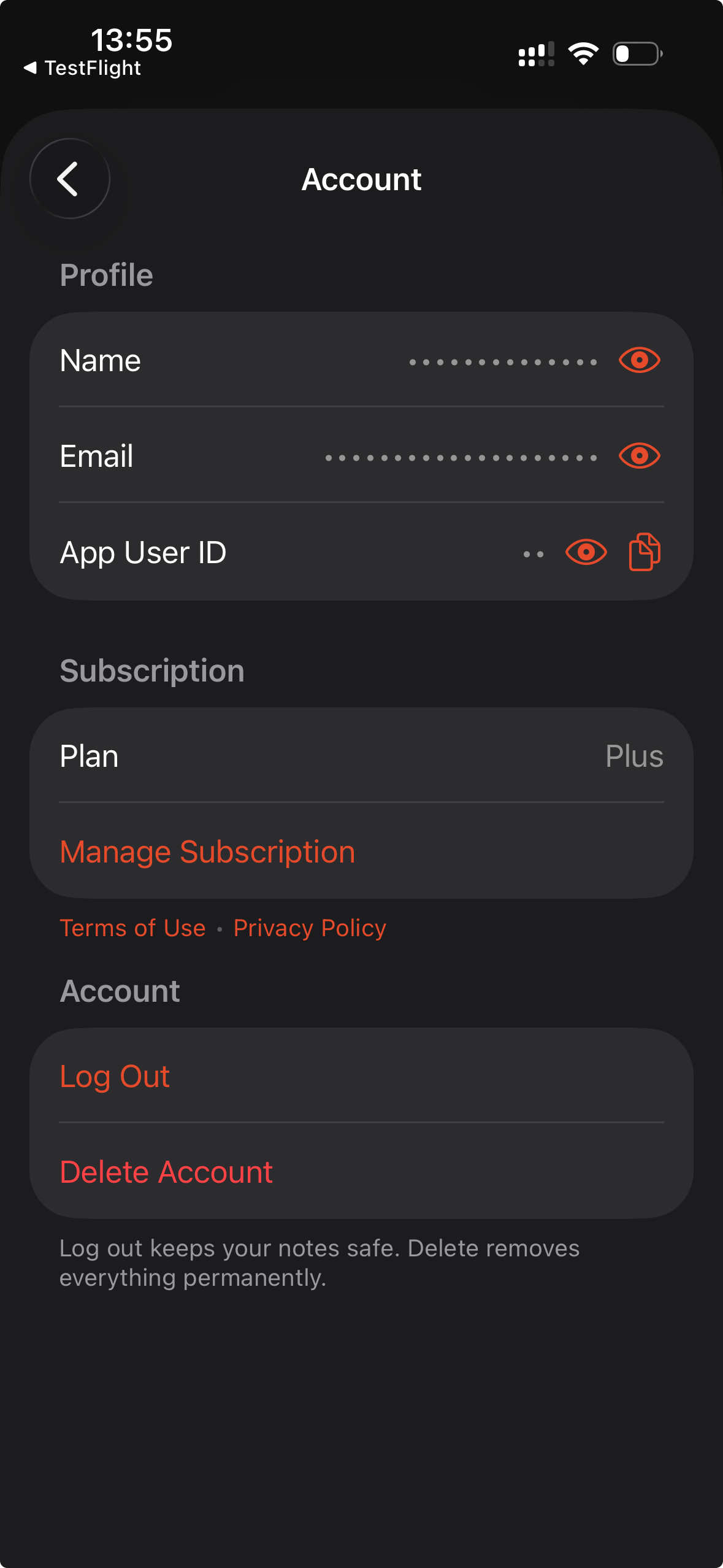 Cleft iPhone Account settings, with name, email, and app user ID hidden until revealed.