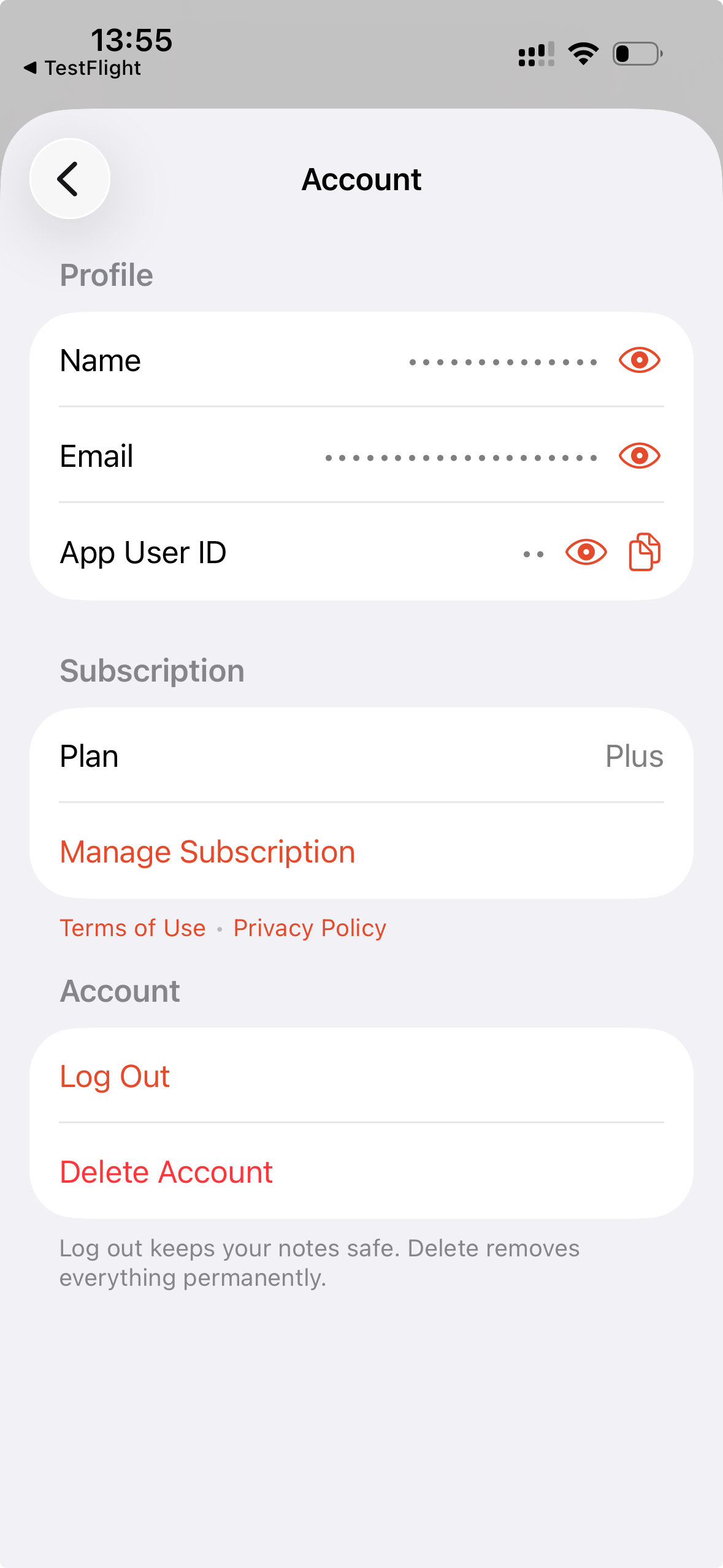 Cleft iPhone Account settings, with name, email, and app user ID hidden until revealed.