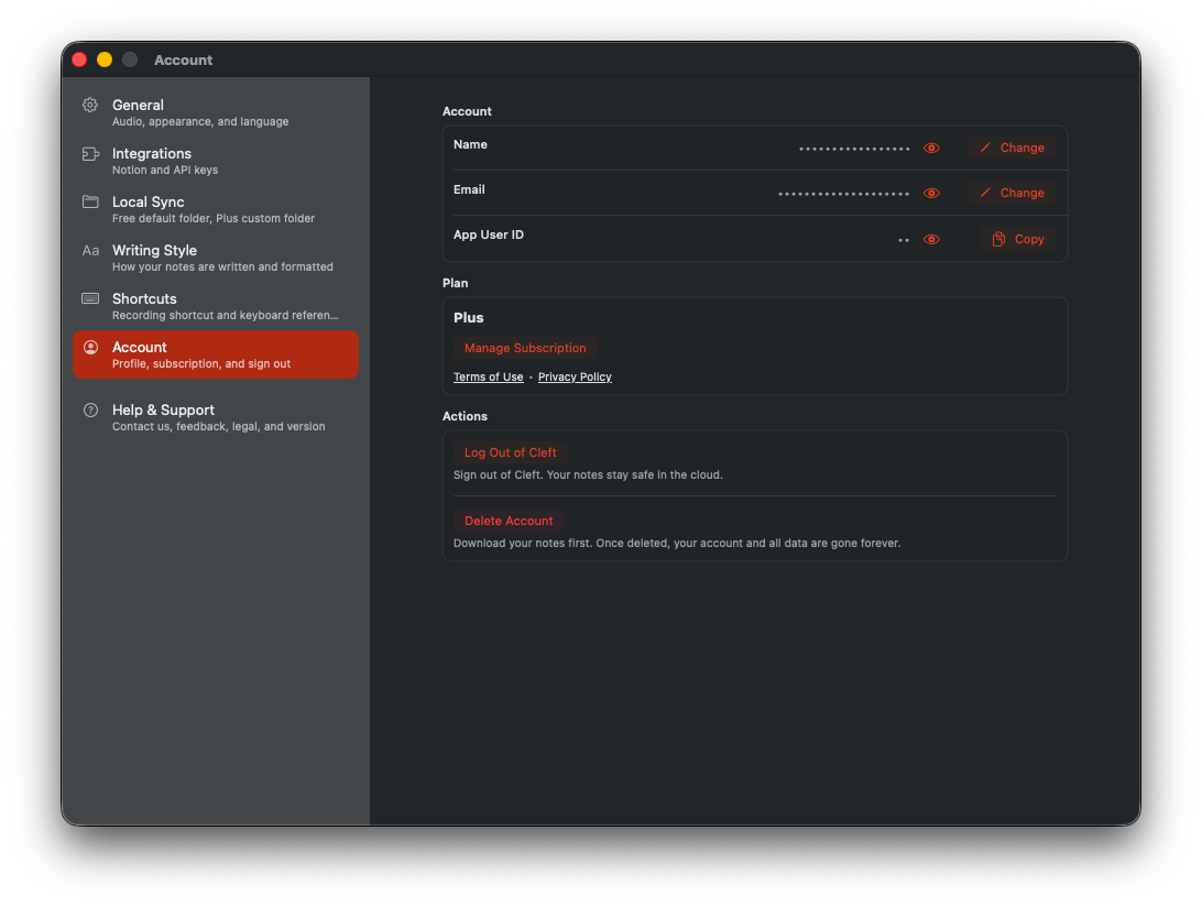Cleft macOS Settings window open to Account, with name, email, and app user ID hidden until revealed, plus plan, subscription, log out, and delete account controls.