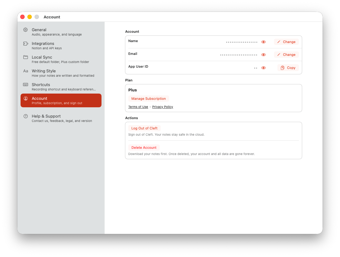 Cleft macOS Settings window open to Account, with name, email, and app user ID hidden until revealed, plus plan, subscription, log out, and delete account controls.