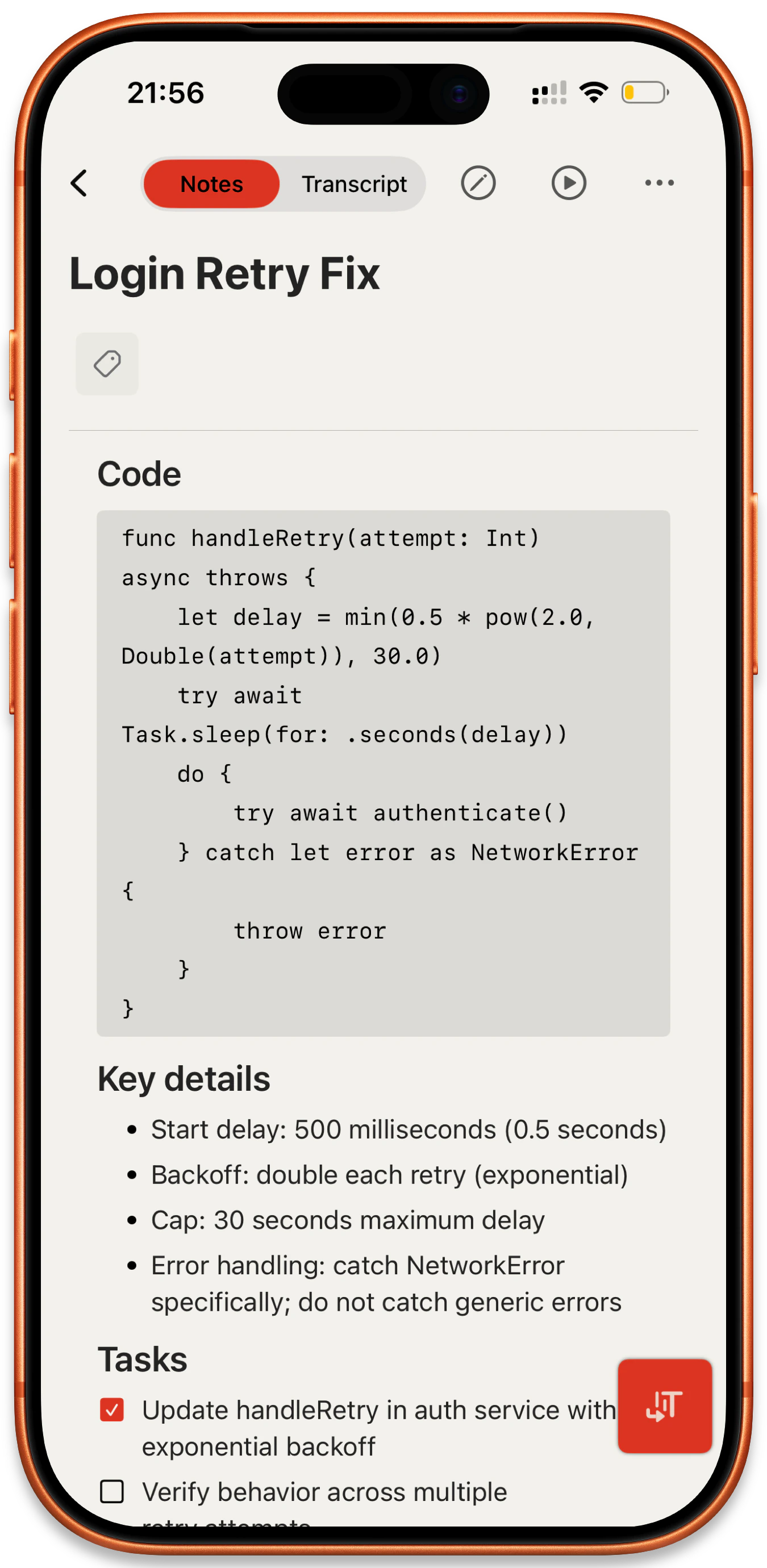Cleft v1.12.1 on iOS showing a voice note with properly styled code blocks in monospace font