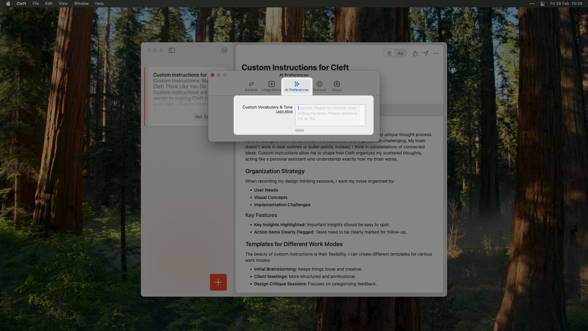 Custom Instructions Screen in Cleft