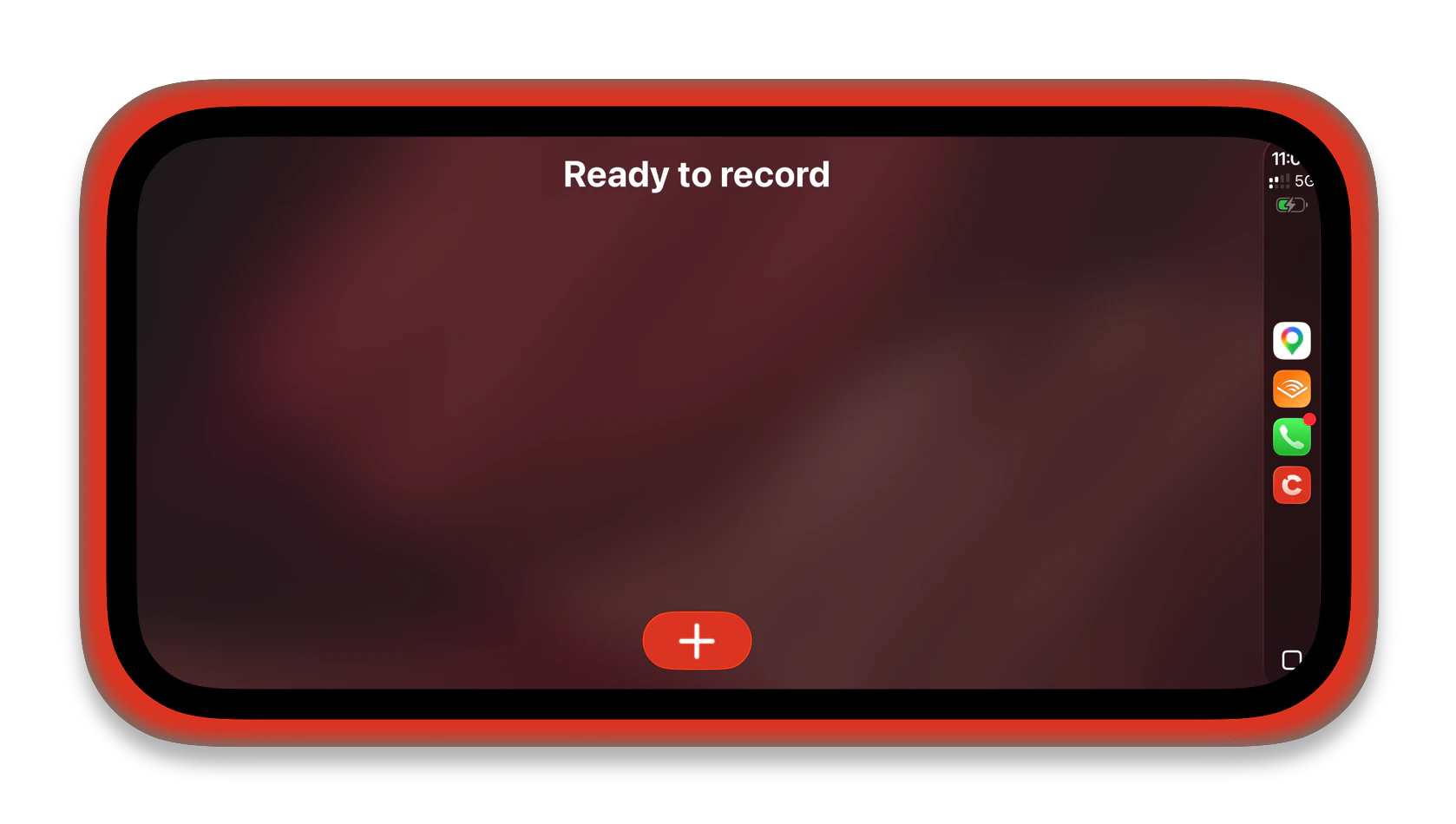 Cleft on a CarPlay display showing the idle Ready to record screen with a centered red plus button to start a new recording