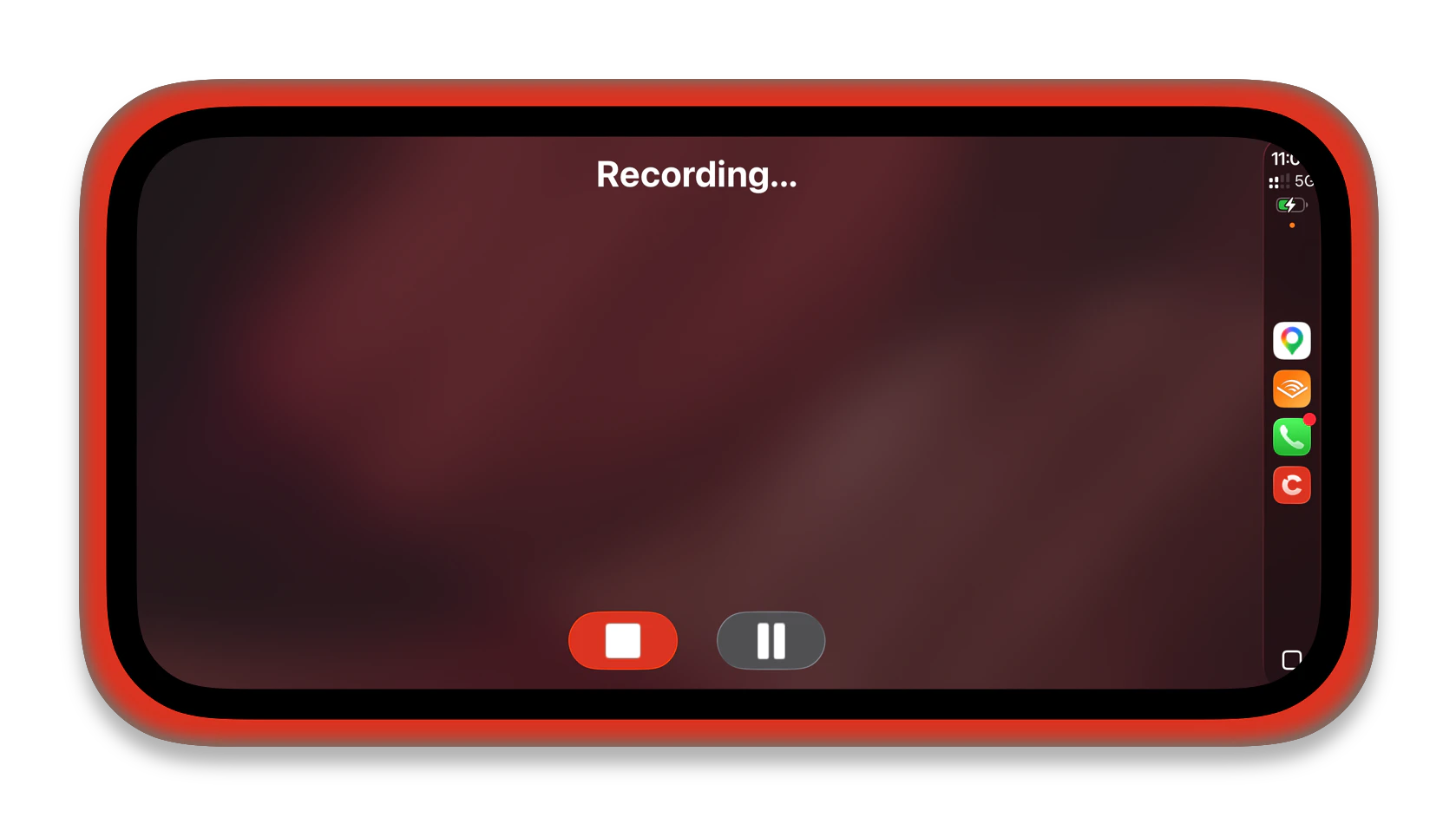Cleft on a CarPlay display during an active recording, showing the Recording title and centered stop and pause buttons