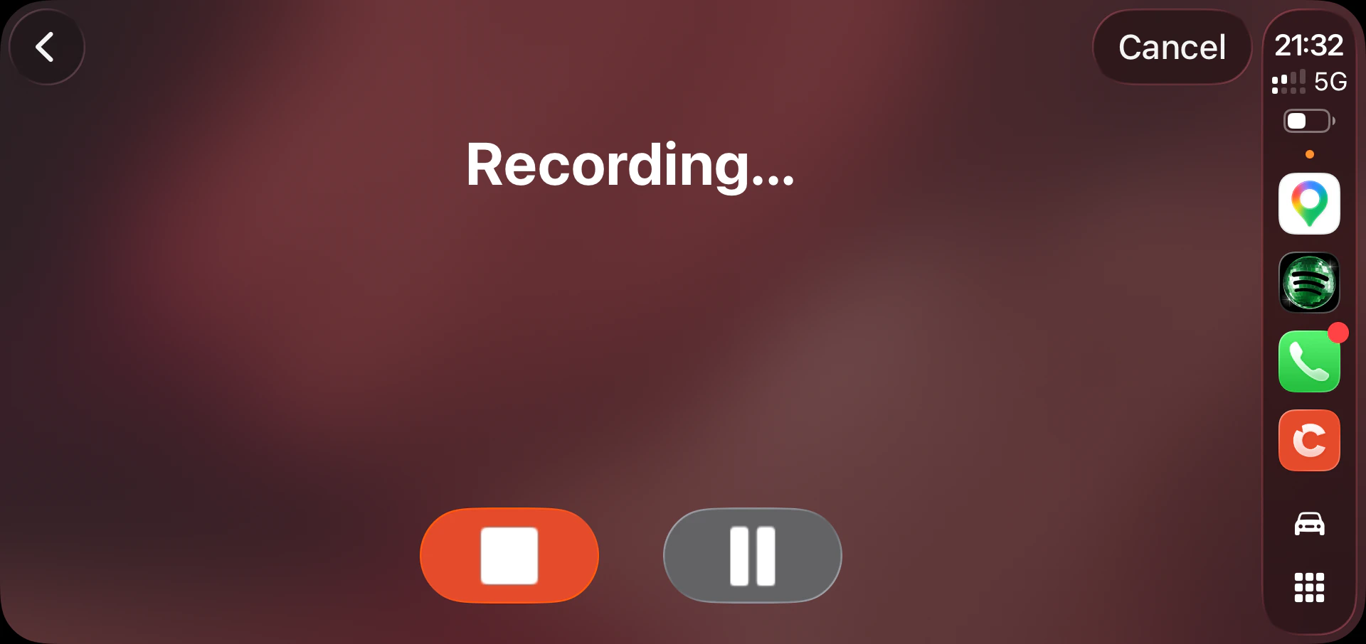 Cleft recording on a CarPlay display. The screen reads Recording with a Cancel button in the top corner and Stop and Pause controls below.
