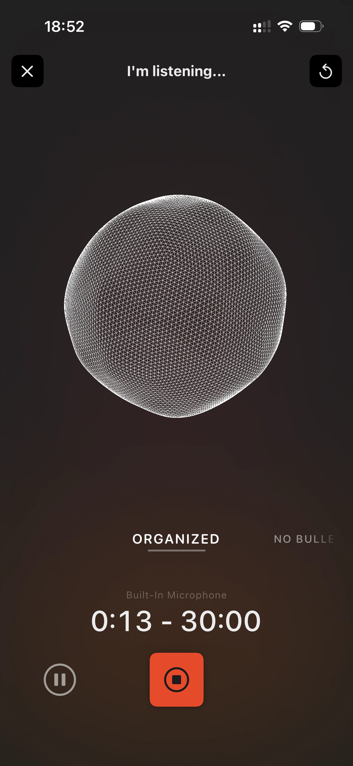 Cleft's recording screen on iPhone in dark mode. A wireframe sphere sits under the words I'm listening, with an output-style selector below showing Organized selected, above the recording timer and a red stop button.