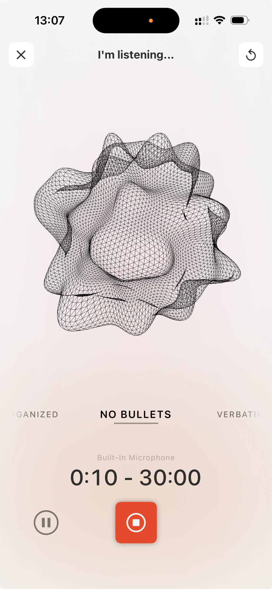 Cleft's recording screen on iPhone in light mode. A wireframe shape sits under the words I'm listening, with an output-style selector below showing No Bullets selected between Organized and Verbatim, above the recording timer and a red stop button.