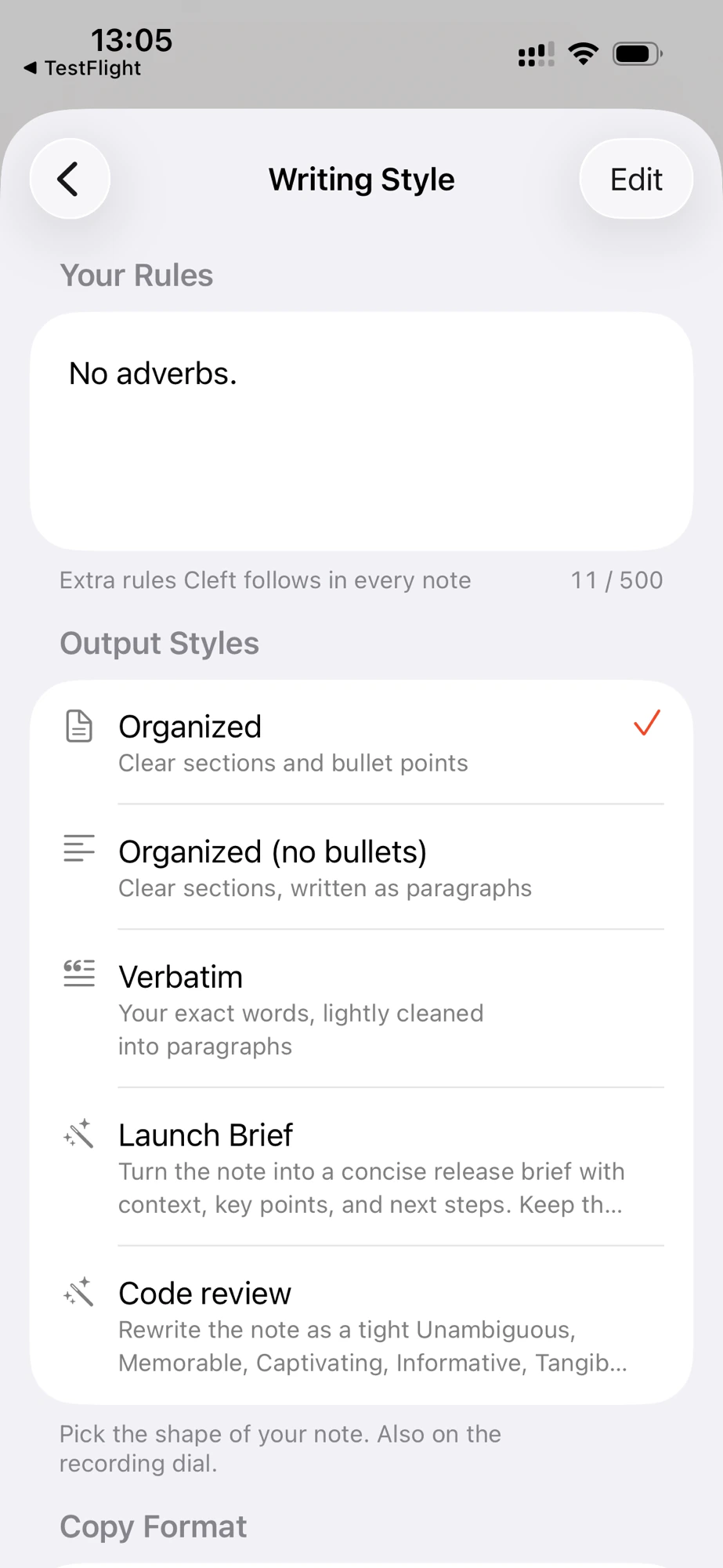 Cleft's Writing Style settings on iPhone in light mode. A Your Rules box reads No adverbs with an 11 of 500 character count, above an Output Styles list of Organized, Organized (no bullets), Verbatim, Launch Brief, and Code review.