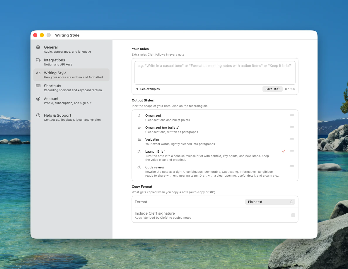 Cleft's Writing Style settings on Mac. A Your Rules box sits at the top, then an Output Styles list with Organized, Organized (no bullets), and Verbatim alongside two custom styles, Launch Brief and Code review, each row with a drag handle for reordering, and a Copy Format section below.