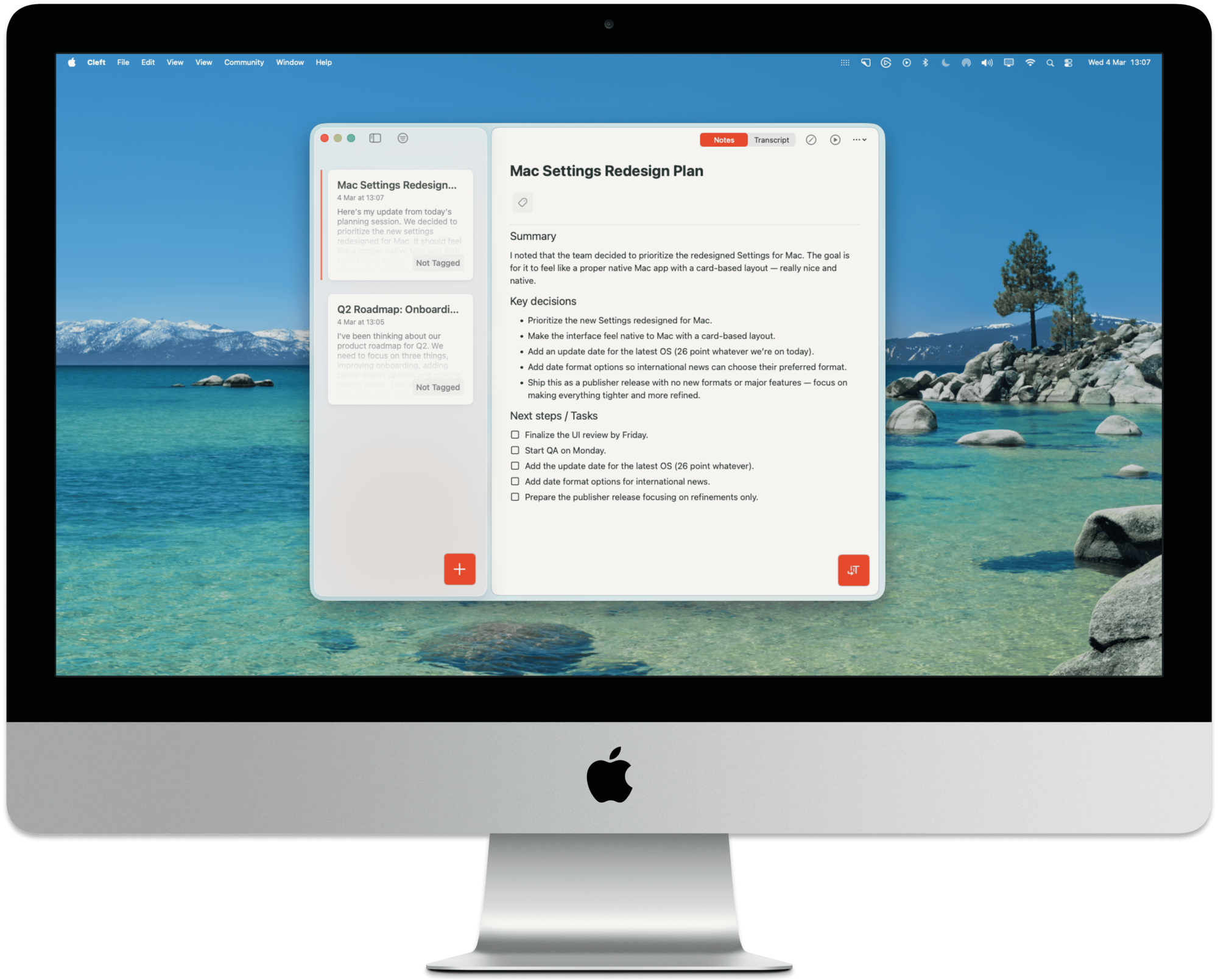 Cleft on macOS — finished note with AI-formatted summary, key decisions, and action items